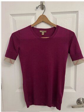 Burberry Women's Short Sleeve Nova Check Magenta Sweater Size XS